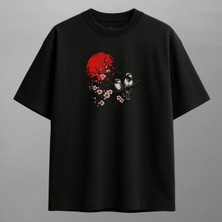 Kızıl Güneş Sakura ve Kuşlar Japon Sanatı Nakışlı Tişört Unisex %100 Pamuk