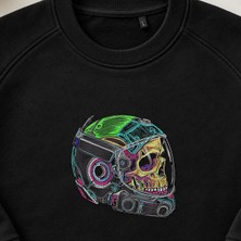 Siberpunk Kurukafa Kask Nakışlı Bisiklet Yaka Sweatshirt Unisex