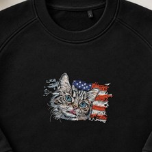 Amerikan Bayraklı Kedi Kafası Nakışlı Bisiklet Yaka Sweatshirt Unisex