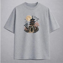Pagoda Dolunay ve Sakura Japon Sanatı Nakışlı Tişört Unisex %100 Pamuk
