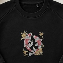 Güllü Yin Yang Japon Koi Balığı Nakışlı Bisiklet Yaka Sweatshirt Unisex