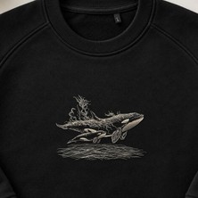 Kambur Balina Anne Çizgi Sanatı Nakışlı Bisiklet Yaka Sweatshirt Unisex