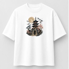 Pagoda Dolunay ve Sakura Japon Sanatı Nakışlı Tişört Unisex %100 Pamuk