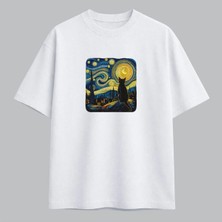 Van Gogh Yıldızlı Gece ve Kedi Nakışlı Tişört Unisex %100 Pamuk