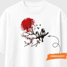 Kızıl Güneş Sakura ve Kuşlar Japon Sanatı Nakışlı Tişört Unisex %100 Pamuk
