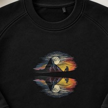 Ay Yansımalı Dağ Gün Batımı Silüeti Nakışlı Bisiklet Yaka Sweatshirt Unisex