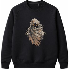 Nakışlı Siyah Şardonsuz Sweatshirt Bisiklet Yaka Unisex Ribanalı Kol ve Etek Günlük Sweatshirt