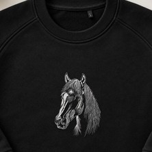 Detaylı Aygır At Kafası Nakışlı Bisiklet Yaka Sweatshirt Unisex