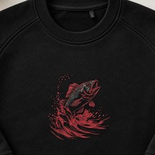 Sıçrayan Levrek Balığı Nakışlı Bisiklet Yaka Sweatshirt Unisex