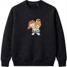 Nakışlı Siyah Şardonsuz Sweatshirt Bisiklet Yaka Unisex Ribanalı Kol ve Etek Günlük Sweatshirt