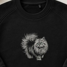 Uzun Tüylü Iran Kedisi Nakışlı Bisiklet Yaka Sweatshirt Unisex