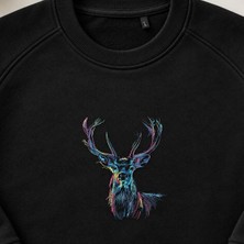 Renkli Geyik Nakışlı Bisiklet Yaka Sweatshirt Unisex