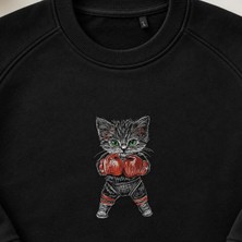 Boksör Kedi Nakışlı Bisiklet Yaka Sweatshirt Unisex