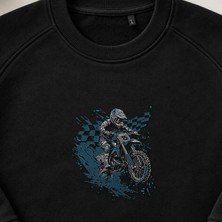 Motokros Yarışçısı Nakışlı Bisiklet Yaka Sweatshirt Unisex