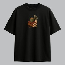 Kahve ve Kitap Tasarımlı Nakışlı Tişört Unisex %100 Pamuk