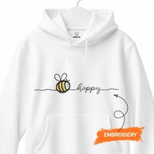 Bee Happy Arı Minimal Yazılı Nakışlı Kapüşonlu Sweatshirt Unisex Hoodie