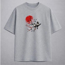 Kızıl Güneş Sakura ve Kuşlar Japon Sanatı Nakışlı Tişört Unisex %100 Pamuk