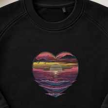 Kalp Gün Batımı Okyanus Nakışlı Bisiklet Yaka Sweatshirt Unisex