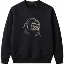 Goril Nakışlı Şardonsuz 3 Iplik Unisex Sweatshirt Siyah
