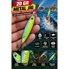 20 gr Metal Jig Olta Kaşığı Holografik Yeşil Sarı 3D Gözlü Batan Model Çift Iğneli Balık Avı Yemi