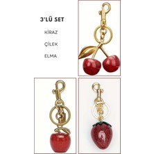 Siriderya Kiraz Çilek ve Elma Anahtarlık Kırmızı Çanta Süsü Charm Red Gold 3'lü Set