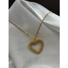 Taşlı Kalp Gold Uzun Çelik Kolye