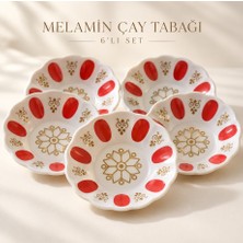 Ziverbey 6'lı Melamin Çay Tabağı Kırmızı Gold Desenli Beyaz Çay Tabağı Seti
