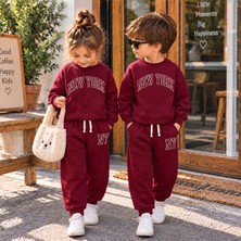 Cg Kids New York Yazı Baskılı Bordo Sweatshirt - Paçası Lastikli Nakışlı Ny Eşofman Altı Alt Üst 3ip Takım