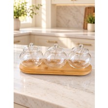 3'lü Bambu Stantlı Borosilikat Cam Kaşıklı 3’lü Baharatlık Seti Mira 350 ml