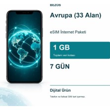 Bin1çeşit Avrupa (33 Alan) Esım Internet Paketi 1 GB 7 Gün