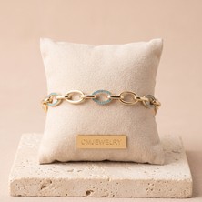 cm Jewelry Vıp Seri 316L Çelik Gold Renk Turkuaz Zirkon Taşlı Oval Halka Zincir Bileklik 18+2 cm