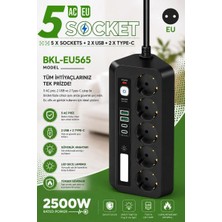 Epilons 5’li Akım Korumalı Priz 2500w | 2 Usb + 2 Type-c Hızlı Şarj | Led Gece Lambalı | Dokunmatik Siyah