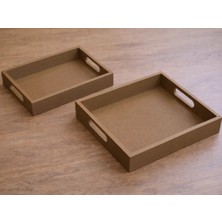 Çelik - Ticaret 3D Baskı Kare ve Dikdörtgen 2'li Servis Tepsisi Seti Kulplu Modern Sunum Tepsisi Kahverengi