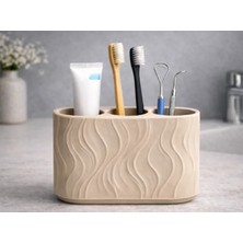 Çelik - Ticaret 3D Baskı Üç Bölmeli Diş Fırçalık Dalga Desenli Banyo Organizeri Minimalist Diş Fırçası Tutucu Bej