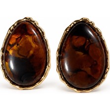 Solare Accessories Vintage Gold Çerçeveli Kehribar Görünümlü Oval Kadın Küpe – Kahverengi