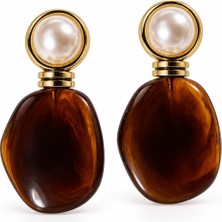 Solare Accessories Vintage Inci Detaylı Kehribar Görünümlü Kahverengi Sallantılı Kadın Küpe