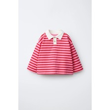 Magu Kız Çocuk Pamuklu Polo Yaka Pembe Çizgili Sweatshirt