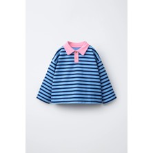 Magu Kız Çocuk Pamuklu Polo Yaka Mavi Çizgili Sweatshirt