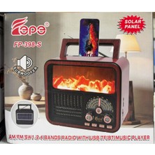 Fepe FP-398S Solar Güneş Panelli Şömineli - Bluetooth - USB - Şarjlı Nostaljik Radyo