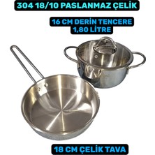 Akdeniz Linda 16 cm Çelik Derin Tencere 18 cm Çelik Tava Tencere Seti