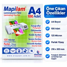MEDEVRELF Mapilam A4 Laminasyon Filmi 125 Micron 100 Lü Parlak Fonksiyonel Laminasyon Pouch