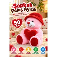 Open City 50 cm Şapkalı Kalpli Peluş Ayıcık Pembe Kırmızı Şapkalı Yumuşak Oyuncak Ayı Çocuk Odası Dekorasyonlu
