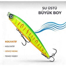 Büyük Boy Su Üstü Balık Avı Kaşığı – Fosforlu Yeşil Turuncu Renk, Uzun Gövde, Gerçekçi Yüzüş Aksiyonu ve Güçlü Üçlü Iğneler