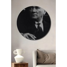 Alpkan Atatürk Imza Detaylı Siyah Beyaz Baskı Ahşap Dekoratif Tablo Yuvarlak Hediyelik Duvar Tablosu