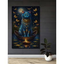Alpkan Mistik Mavi Kedi ve Kelebekler Dekoratif Ahşap Mdf Tablo Dikdörtgen Tablo
