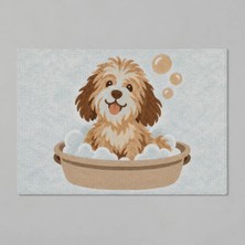 Kartela Halı Köpek Desenli Banyo Paspası Mavi Kaymaz Taban Makinede Yıkanabilir 40X60 cm