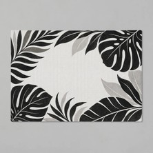 Kartela Halı Botanik Yaprak Desenli Banyo Paspası Siyah Beyaz Kaymaz Taban 40X60 cm