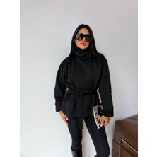Dut Store Kadın Dik Yaka Kuşaklı Siyah Süet Ceket