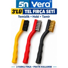 5N Vera 3’lü Mini Tel Fırça Seti | Metal Temizleme, Pas Sökme, Hobi & Tamir Fırçası