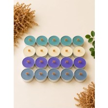 Sedefli Ahşap Fitil Tealight Mum Seti 20 Adet - Sandal Ağacı Kokulu, Yeşil, Sarı, Mor, Gri Renkli